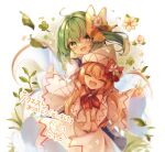  2girls blonde_hair blue_vest blush capelet closed_eyes clover commission daiyousei fairy fairy_wings flower four-leaf_clover green_eyes green_hair hair_between_eyes hat lily_white long_hair long_sleeves multiple_girls open_mouth puffy_short_sleeves puffy_sleeves sekisei_(superego51) shirt short_sleeves side_ponytail signature skeb_commission skirt smile touhou vest white_capelet white_flower white_headwear white_shirt white_skirt wide_sleeves wings 