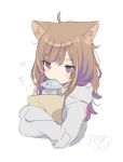  +++ 1girl ahoge animal animal_ear_fluff animal_ears blush_stickers brown_hair cat_ears closed_mouth commentary_request fish food_in_mouth grey_hoodie highres hood hood_down hoodie long_hair mafuyu_(chibi21) mouth_hold multicolored_hair object_hug original purple_hair signature simple_background solo streaked_hair violet_eyes white_background x_x 