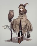  1girl absurdres bag bangs bird blonde_hair boots commentary full_body fur_trim hashimoto_kokai hat hat_feather highres medium_hair original owl shawl simple_background yellow_eyes 