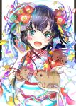  &gt;_&lt; 1girl 2019 :d animal animal_on_shoulder bangs black_background black_hair blue_eyes boar chinese_zodiac closed_eyes commentary_request eyebrows_visible_through_hair flower fur_collar hair_flower hair_ornament head_tilt highres holding holding_animal japanese_clothes keepout kimono long_hair long_sleeves obi open_mouth original red_flower red_kimono round_teeth sash smile solo star teeth two-tone_background upper_body upper_teeth white_background wide_sleeves year_of_the_pig 