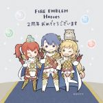  1boy 2girls ;q alfonse_(fire_emblem) animal animal_on_head anna_(fire_emblem) armor artist_name ayawo bird blonde_hair blue_eyes blue_hair braid brother_and_sister brown_gloves chibi closed_mouth copyright_name crown_braid feh_(fire_emblem_heroes) fire_emblem fire_emblem_heroes gloves gradient_hair green_eyes hair_ornament leg_up multicolored_hair multiple_girls nintendo on_head one_eye_closed open_mouth orb owl pink_hair ponytail red_eyes redhead sharena short_hair siblings tongue tongue_out v 