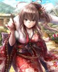  1girl :q ahoge bangs blue_sky blurry blurry_background blush body_writing breasts brown_hair calligraphy_brush cleavage closed_mouth clouds collarbone day eyebrows_visible_through_hair facepaint fur_collar green_eyes hagoita hair_between_eyes hair_ornament hanetsuki holding holding_brush holding_paddle hortensia_saga ink japanese_clothes kimono large_breasts licking_lips long_hair long_sleeves looking_at_viewer mari_(horensia_saga) new_year obi official_art outdoors paddle paintbrush ponytail red_kimono sash sidelocks sky smile solo suien tongue tongue_out watermark wide_sleeves 