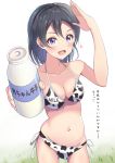  1girl animal_print bangs bikini black_hair bottle breasts cleavage commentary_request cow_print cow_print_bikini english_text grass heart looking_at_viewer love_live! love_live!_sunshine!! love_live!_sunshine!!_the_school_idol_movie_over_the_rainbow medium_breasts medium_hair midriff milk milk_bottle navel purple_hair salute solo swimsuit translated watanabe_tsuki yamamoto_chavez 