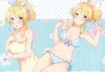  1girl 6u_(eternal_land) absurdres ayase_eli bangs bare_shoulders bikini blonde_hair blue_bikini blue_eyes blush bow breasts cleavage closed_mouth collarbone floral_background flower hair_bow highres long_hair love_live! love_live!_school_idol_project medium_breasts multiple_penises naked_towel navel open_mouth ponytail shiny shiny_hair shiny_skin side-tie_bikini simple_background solo stomach striped striped_bikini swimsuit towel 