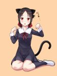  1girl :o animal_ears black_dress black_hair black_legwear cat_ears cat_tail commentary dress fang full_body kaguya-sama_wa_kokurasetai_~tensai-tachi_no_renai_zunousen~ kneehighs long_sleeves looking_at_viewer paw_pose red_eyes shinomiya_kaguya shoes simple_background sitting solo tail white_legwear yamasan yokozuwari 