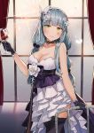  1girl aliceblue alternate_costume alternate_hairstyle bangs bare_arms bare_shoulders black_bow black_choker black_gloves black_legwear blunt_bangs blush bow breasts chair choker cleavage collarbone cup curtains dress drinking_glass facial_mark floating_hair flower girls_frontline gloves green_eyes hair_flower hair_ornament hair_ribbon hairband highres hk416_(girls_frontline) holding holding_cup large_breasts layered_dress light_particles long_hair multi-tied_hair ribbon sapphire_(gemstone) silver_hair solo sparkle standing strapless strapless_dress teardrop thigh-highs very_long_hair white_flower white_hairband white_ribbon window wine_glass 