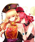  2girls bare_shoulders blonde_hair bra breasts chain chains cleavage commentary_request detached_sleeves dress earrings eyebrows_visible_through_hair gold_chain hands_on_another&#039;s_shoulders headdress hecatia_lapislazuli highres jewelry junko_(touhou) large_breasts leaning_on_person long_hair looking_at_viewer medium_hair multiple_girls no_nose parted_lips pointy_ears raptor7 red_eyes redhead sash tabard touhou underwear upper_body yuri 
