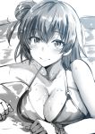  1girl bikini blush breasts cleavage greyscale large_breasts lolicept looking_at_viewer monochrome o-ring o-ring_bikini side_bun smile solo swimsuit water wet yahari_ore_no_seishun_lovecome_wa_machigatteiru. yuigahama_yui 