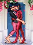  2girls aerodynamict blue_eyes blue_hair blush commission denim domino_mask earrings hair_ribbon highres jacket jeans jewelry kiss ladybug_(character) marinette_dupain-cheng mask miraculous_ladybug multiple_girls pants ribbon selfcest shoe_dangle signature smile time_paradox twintails watermark yuri 