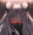  1girl ak-12_(girls_frontline) anger_vein animal_ears bangs black_gloves blush braid ehrrr eyebrows_visible_through_hair facing_viewer fake_animal_ears girls_frontline gloves hand_up long_hair long_sleeves partly_fingerless_gloves portrait ribbon sidelocks silver_hair solo torn_clothes torn_gloves trembling very_long_hair 