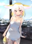  1girl animal_ears bangs bare_legs bare_shoulders bathtub blonde_hair blue_sky blurry blurry_background blush breasts brown_eyes brown_hair closed_mouth clouds collarbone commentary cowboy_shot day depth_of_field ears_down eyebrows_visible_through_hair fennec_(kemono_friends) fox_ears fox_tail gradient_hair highres kemono_friends kinou_no_shika looking_at_viewer medium_breasts multicolored_hair naked_towel outdoors skindentation sky smile snow solo steam tail towel water white_hair winter 