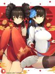  2girls animal bare_shoulders black_panties blue_flower boar breasts brown_eyes brown_hair brown_legwear china_dress chinese_clothes chinese_zodiac closed_mouth commentary detached_sleeves double_bun dress english_commentary flower girls_frontline hair_flower hair_ornament hair_ribbon hentaki highres holding large_breasts long_hair long_sleeves looking_at_viewer multiple_girls new_year panties patreon_username pelvic_curtain qbz-95_(girls_frontline) qbz-97_(girls_frontline) red_dress red_ribbon ribbon scroll short_dress side-by-side side-tie_panties sidelocks sitting sleeves_past_fingers sleeves_past_wrists smile standing thigh-highs thighs turtleneck underwear white_dress wide_sleeves 