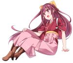  1girl acchii_(akina) boots bow cross-laced_footwear full_body hair_bow hakama japanese_clothes kamikaze_(kantai_collection) kantai_collection kimono lace-up_boots long_hair meiji_schoolgirl_uniform pink_hakama purple_hair red_eyes red_kimono simple_background sitting solo tasuki white_background yellow_bow 