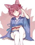  1girl animal_ear_fluff animal_ears az_37331m blue_kimono blush doki_doki_literature_club fox_ears fox_tail frown hair_ornament hair_ribbon hairclip hand_up head_tilt highres japanese_clothes kemonomimi_mode kimono looking_at_viewer multiple_tails natsuki_(doki_doki_literature_club) obi pink_eyes pink_hair red_ribbon ribbon sash short_hair simple_background sitting sketch solo tail thigh-highs two_side_up white_background white_legwear wide_sleeves 