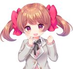  1girl :3 :d bangs black_neckwear blazer blush bow brown_hair clenched_hand finger_to_cheek grey_jacket hair_bow hand_up jacket komachi_pochi long_sleeves looking_at_viewer neck_ribbon open_mouth original pink_cardigan red_bow ribbon simple_background smile solo twintails upper_body violet_eyes white_background 