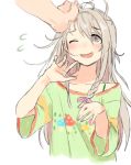  1boy 1girl a_ichi ahoge bangs blush bow braid disembodied_limb dot_nose flying_sweatdrops food_print green_shirt grey_eyes grey_hair hair_bow hoshi_shouko idolmaster idolmaster_cinderella_girls long_hair looking_up loose_clothes loose_shirt mushroom_print open_mouth petting shirt short_sleeves side_braid single_braid sketch smile solo_focus t-shirt upper_body white_background 