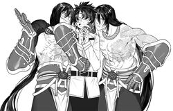  3boys arm_around_shoulder belt blush chaldea_uniform dual_persona fate/grand_order fate_(series) fujimaru_ritsuka_(male) gauntlets greyscale male_focus monochrome multiple_boys nipples shirtless simple_background tansaninryou tattoo wavy_mouth white_background yan_qing_(fate/grand_order) 