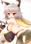  1girl :d animal_ear_fluff animal_ears armpits blush breasts capelet cat_ears erune fangs granblue_fantasy grey_hair highres hip_vent kane-neko large_breasts looking_to_the_side medium_hair miniskirt open_mouth sen_(granblue_fantasy) sideboob skirt smile solo upper_body white_background wide_sleeves yellow_eyes 