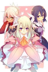  3girls :q black_hair blush breasts chloe_von_einzbern cis05 closed_mouth commentary_request dark_skin dress eyebrows_visible_through_hair fate/grand_order fate/kaleid_liner_prisma_illya fate_(series) gloves hair_between_eyes hair_ornament illyasviel_von_einzbern long_hair looking_at_viewer magical_girl miyu_edelfelt multiple_girls necktie orange_neckwear pink_dress pink_hair ponytail purple_dress short_hair small_breasts smile tongue tongue_out violet_eyes white_gloves white_hair winged_hair_ornament x_hair_ornament yellow_eyes 