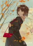  1girl autumn autumn_leaves bag bangs black_coat blue_sky brown_eyes brown_hair carrying casual closed_mouth clouds cloudy_sky commentary dated day eyebrows_visible_through_hair from_side frown girls_und_panzer handbag leaf long_sleeves macho_ojiji nishizumi_maho outdoors short_hair sky solo standing tree twitter_username wind 