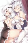  anchor apron arm_support azur_lane bangs belfast_(azur_lane) blue_eyes blush braid breasts chains choker cleavage collar collarbone dress eyebrows_visible_through_hair french_braid frills gloves hair_between_eyes hairband head_tilt highres indoors lace-trimmed_hairband large_breasts long_hair looking_at_viewer maid maid_headdress mouth_hold puffy_sleeves red_eyes ribbon short_hair short_sleeves sidelocks silver_hair sirius_(azur_lane) sitting smile sunoril thigh-highs white_gloves white_hair white_legwear 