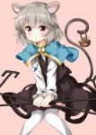  1girl :/ animal_ears basket black_skirt black_vest capelet dowsing_rod expressionless eyebrows_visible_through_hair grey_hair highres jewelry knees_together_feet_apart long_sleeves looking_at_viewer medium_hair mouse mouse_ears mouse_tail nazrin pendant pink_background red_eyes ruu_(tksymkw) shirt simple_background skirt skirt_set solo tail thigh-highs touhou vest white_legwear white_shirt 