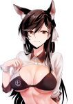  1girl animal_ears atago_(azur_lane) azur_lane bangs black_hair bow bra breasts brown_eyes closed_mouth commentary extra_ears eyebrows_visible_through_hair highres large_breasts logo mole mole_under_eye racequeen ribbon shiny shiny_skin shrug smile solo suprii swept_bangs underwear upper_body white_background white_bow white_ribbon wrist_cuffs 