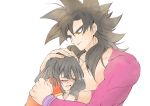  1boy 1girl black_gloves black_hair blush closed_eyes crying dragon_ball dragon_ball_gt eyebrows_visible_through_hair fingerless_gloves fingernails gloves grandfather_and_granddaughter hand_on_another&#039;s_head hug libeuo_(liveolivel) light_smile looking_at_another open_mouth pan_(dragon_ball) petting short_hair simple_background smile son_gokuu spiky_hair super_saiyan_4 tears teeth upper_body white_background wristband yellow_eyes 