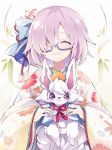  1girl :3 alternate_costume animal bangs blue-framed_eyewear blue_bow bow captain_yue closed_eyes commentary_request creature fate/grand_order fate_(series) flower flower_(symbol) food food_on_head fou_(fate/grand_order) fruit fruit_on_head glasses hair_bow hair_flower hair_ornament hair_over_one_eye holding holding_animal japanese_clothes kimono long_sleeves looking_at_viewer mash_kyrielight object_on_head pink_hair red_neckwear red_ribbon ribbon short_hair smile solo upper_body violet_eyes wide_sleeves 