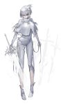  1girl arched_back bangs bodysuit boots breasts bridal_gauntlets capelet full_body grey_bodysuit grey_footwear grey_hair hair_between_eyes hair_ornament highres holding holding_sword holding_weapon leaning_forward looking_at_viewer mins_(minevi) original short_hair small_breasts solo standing sword toeless_boots torn_bodysuit torn_clothes transparent violet_eyes weapon white_background white_capelet 