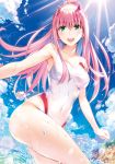  1girl :d alternate_hairstyle ass blue_sky breasts cleavage clouds cloudy_sky competition_swimsuit contrapposto covered_navel darling_in_the_franxx day dutch_angle eyebrows_visible_through_hair eyeliner green_eyes hairband highres horns long_hair looking_at_viewer makeup medium_breasts official_art one-piece_swimsuit oni_horns open_mouth outdoors pink_hair ponytail red_horns shiny shiny_hair shiny_skin sidelocks sky smile solo splashing standing straight_hair sunlight swimsuit teeth wading water wet white_hairband white_swimsuit yabuki_kentarou zero_two_(darling_in_the_franxx) 