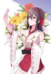  1girl alternate_hair_ornament bare_shoulders black_hair brown_eyes cellphone detached_sleeves floral_background flower hair_ornament hairband hairclip haruna_(kantai_collection) highres holding holding_phone ieufg japanese_clothes jewelry kantai_collection long_hair nontraditional_miko phone pleated_skirt purple_flower red_flower red_hairband red_skirt ribbon-trimmed_sleeves ribbon_trim ring skirt smartphone smile solo wedding_band white_flower wide_sleeves yellow_flower 