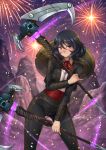  1girl adsouto black_hair breasts dark_skin dual_wielding eyebrows_visible_through_hair fireworks grey_eyes hair_ornament highres holding looking_at_viewer maria_calavera mountain rock rwby scythe short_hair skull solo tagme younger 