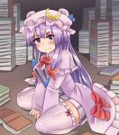  1girl blue_bow blue_ribbon blush book book_stack bow bowtie check_commentary commentary_request crescent crescent_moon_pin dress_bow eyebrows_visible_through_hair hair_bow hands_on_floor hat hat_ribbon houshiruri kneeling lavender_legwear long_hair long_sleeves looking_at_viewer patchouli_knowledge purple_hair red_bow red_neckwear ribbon smile sock_bow solo thigh-highs thighs touhou very_long_hair violet_eyes wide_sleeves 