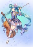  1girl absurdres blue_background blue_eyes blue_hair boots choker collarbone full_body gradient gradient_background gradient_hair hat hatsune_miku hatsune_speed:_hatsune_miku_roller_skating_music highres hiroshi_taeru_qwq holding holding_instrument instrument knee_boots looking_at_viewer miniskirt multicolored_hair musical_note shiny shiny_hair skirt smile solo two-tone_hair vocaloid white_footwear white_hat 