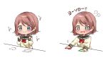  +_+ 1girl :d =3 blue_eyes blush bongo_cat bow bowtie brown_hair catchphrase clenched_hands commentary_request hands_up heart highres long_sleeves love_live! love_live!_sunshine!! meme minori_748 open_mouth red_neckwear school_uniform serafuku short_hair smile translation_request twitter upper_body uranohoshi_school_uniform v-shaped_eyebrows watanabe_you wavy_mouth 