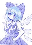  1girl aqua_hair bandaid bandaid_on_cheek bandaid_on_face blue_bow blue_shirt blue_skirt blush bow cirno collared_shirt commentary hair_bow hands_on_own_hips highres ice ice_wings looking_at_viewer neck_ribbon one-hour_drawing_challenge puffy_short_sleeves puffy_sleeves ribbon shirt short_hair short_sleeves skirt solo tatutaniyuuto touhou wings 