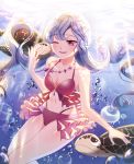  1girl ;) absurdres air_bubble bikini blue_background bubble eile_(esspril) highres jellyfish jewelry long_hair looking_at_viewer navel necklace one_eye_closed original pink_bikini pink_eyes smile solo sunlight swimsuit turtle underwater 