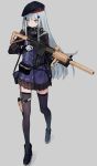  1girl assault_rifle bag bangs beret black_hat black_legwear blunt_bangs commentary_request facial_mark full_body girls_frontline gloves green_eyes grey_background gun h&amp;k_hk416 hair_ornament handbag hat hk416_(girls_frontline) holding holding_gun holding_weapon jacket long_hair mimelond mismatched_footwear multicolored multicolored_clothes multicolored_gloves plaid plaid_skirt rifle scar scar_across_eye sidelocks silver_hair skirt solo teardrop thigh-highs weapon white_hair 
