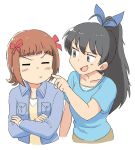  2girls :i =_= amami_haruka antenna_hair bangs bare_arms black_hair blue_eyes blue_shirt blush bow breast_pocket brown_hair cheek_poking closed_eyes crossed_arms denim denim_jacket fang ganaha_hibiki hair_bow high_ponytail idolmaster idolmaster_(classic) jacket long_hair long_sleeves looking_at_another multiple_girls pocket poking ponytail pout shirt short_hair short_sleeves simple_background smirk symbol_commentary t-shirt tsubobot upper_body white_background yellow_shirt 