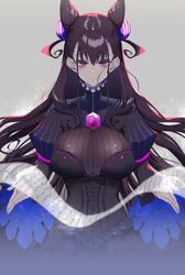  1girl bangs black_hair breasts closed_mouth eyelashes fate/grand_order fate_(series) highres large_breasts long_hair looking_at_viewer murasaki_shikibu_(fate) pochi_(pochi-goya) smile 