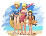  3girls absurdres animal_ears arms_at_sides backpack bag beach beach_umbrella bikini black_eyes blonde_hair blue_bikini blue_bikini_bottom blue_shirt blue_sky breasts brown_hair cat_ears cat_tail chanta_(ayatakaoisii) chen clenched_hand clouds competition_swimsuit crab day drink earrings expressionless flat_chest fox_tail green_hat hat highres hips holding_drink horizon innertube jewelry knees large_breasts legs looking_afar multiple_girls multiple_tails ocean one-piece_swimsuit orange_shirt pink_bikini pink_bikini_top pink_sarong purple_umbrella sandals shiny shiny_hair shirt short_sleeves sidelocks sky slit_pupils standing stomach summer sunglasses sweatdrop swimsuit tail thighs touhou two_tails umbrella visor_cap wavy_hair yakumo_ran yakumo_yukari yellow_eyes 