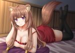  1girl animal_ear_fluff animal_ears bangs bare_arms bare_shoulders bed_sheet black_legwear blunt_bangs blush breasts brown_hair cleavage closed_mouth collarbone commentary dress eyebrows_visible_through_hair head_tilt highres kazenokaze legs_up long_hair lying medium_breasts no_shoes on_stomach pillow raccoon_ears raccoon_girl raccoon_tail raphtalia red_dress sleeveless sleeveless_dress smile soles solo strap_slip tail tail_raised tate_no_yuusha_no_nariagari thigh-highs violet_eyes 