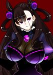 1girl bangs black_hair breasts cleavage dress eyebrows_visible_through_hair fate/grand_order fate_(series) hair_ornament large_breasts long_hair looking_at_viewer murasaki_shikibu_(fate) parted_lips perepere-kun red_background see-through simple_background solo very_long_hair violet_eyes 