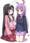  2girls animal_ears bangs black_hair blouse blunt_bangs blush bow bright_pupils commentary_request eyebrows_visible_through_hair floral_print head_tilt highres hime_cut houraisan_kaguya japanese_clothes kneeling lavender_hair lavender_skirt leaf_print long_hair long_sleeves multiple_girls necktie open_mouth pink_blouse pleated_skirt rabbit_ears red_eyes red_neckwear red_skirt reisen_udongein_inaba seiza shadow sidelocks simple_background sitting skirt suit_jacket tabi touhou tsukimirin very_long_hair white_background white_bow white_legwear white_pupils 