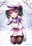  1girl :d bangs blue_eyes boots brown_hair brown_legwear collared_coat commentary_request day eyebrows_visible_through_hair gloves hair_between_eyes hat holding ichiyou_moka kneeling long_hair long_sleeves open_mouth original outdoors pantyhose peaked_cap smile snow snow_bunny snowing solo translated tree two_side_up white_coat white_footwear white_gloves white_hat 