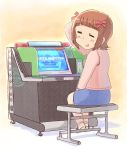  1girl amami_haruka arcade_cabinet bangs blue_skirt blush bow brown_hair closed_eyes commentary_request ears_visible_through_hair embarrassed facing_viewer from_behind hair_bow hand_on_lap idolmaster idolmaster_(classic) jacket looking_back pink_jacket playing_games sandals scratching_head sitting skirt solo stool tsubobot yellow_background 