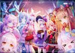  &gt;_&lt; 6+girls :d aerial_fireworks ahoge animal_ear_fluff animal_ears bell black_dress black_legwear blue_eyes blue_hair bow breasts brown_eyes building bun_cover cloak closed_mouth commentary_request demon_horns demon_tail detached_sleeves double_bun dress fang feathered_wings fireworks food_in_mouth fur-trimmed_cloak fur-trimmed_sleeves fur_trim hair_bow hair_ornament halo hand_holding hat heart heart-shaped_pupils highres horn horns jingle_bell light_brown_hair long_sleeves mouth_hold multiple_girls mvv night night_sky off-shoulder_dress off_shoulder open_mouth original pink_dress pink_hair pink_sleeves purple_bow purple_dress purple_sleeves rabbit_ears red_cloak red_eyes sheep sky skyscraper sleeves_past_wrists small_breasts smile star star-shaped_pupils symbol-shaped_pupils tail thigh-highs violet_eyes white_hair white_legwear white_wings wide_sleeves wings witch_hat xd yellow_eyes 