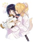 2girls ^_^ animal animal_ears artist_name ayase_eli black_hair blonde_hair blue_eyes blush calico cat closed_eyes closed_eyes copyright_name cropped_torso dog_ears dog_tail grin hair_ornament hair_over_shoulder hair_scrunchie hand_on_another&#039;s_arm highres holding holding_cat jealous kemonomimi_mode long_hair long_sleeves looking_at_another love_live! love_live!_school_idol_project low-tied_long_hair multiple_girls paw_print pink_scrunchie ponytail scrunchie shirt sidelocks smile tail toujou_nozomi upper_body white_background white_scrunchie white_shirt yuri zawawa_(satoukibi1108) 