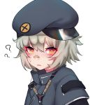 1girl ?? bandaid bandaid_on_nose blush girls_frontline grey_hair hat highres hs2000_(girls_frontline) jacket looking_at_viewer meow_nyang open_mouth portrait short_hair simple_background solo white_background yellow_eyes 
